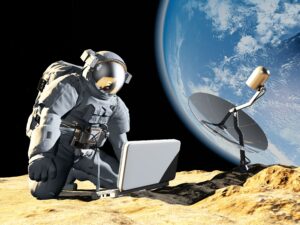 Employee working on the moon under new synergy initiative, symbolizing absurd workplace relocation mandate.
