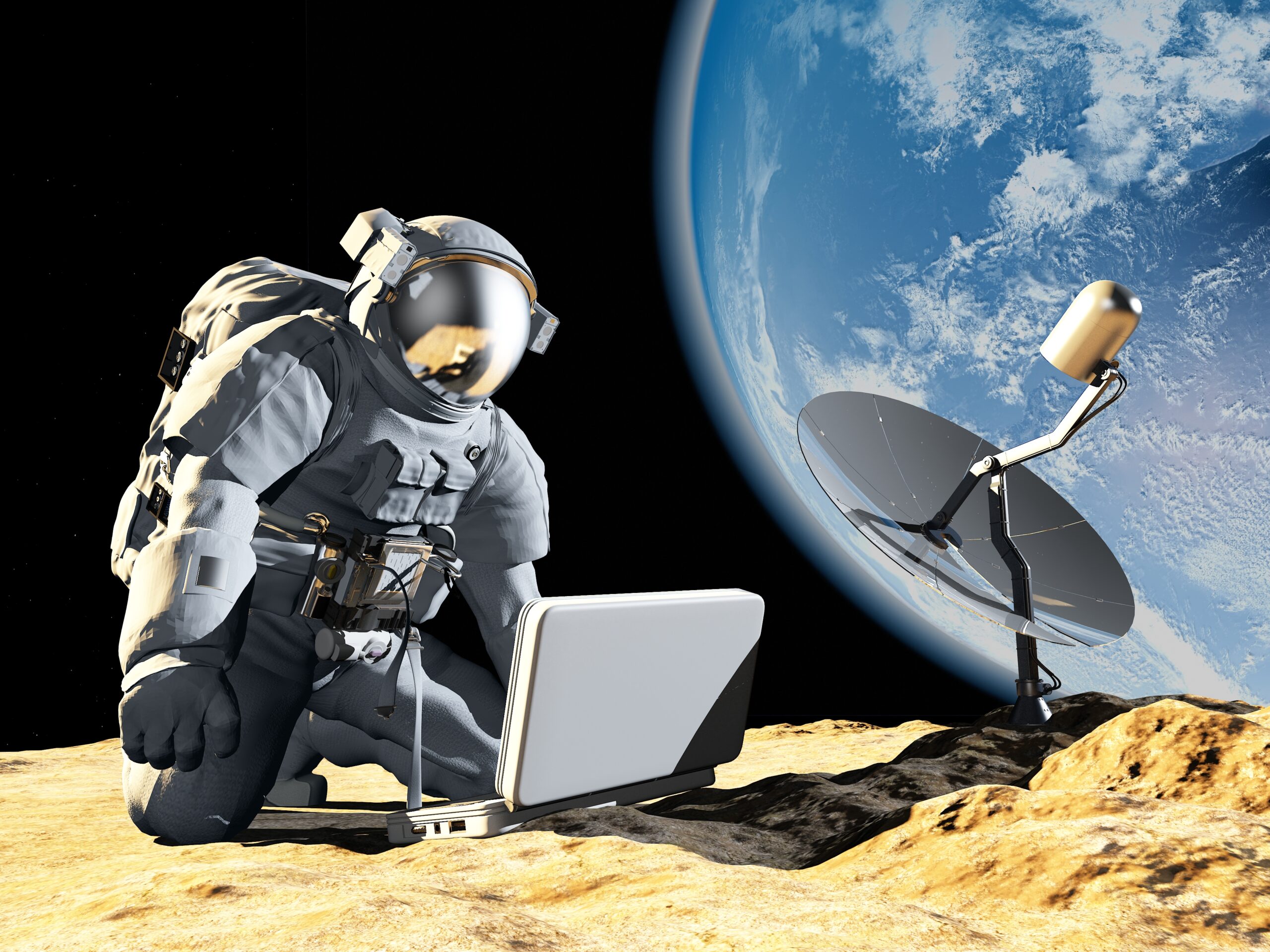 Employee working on the moon under new synergy initiative, symbolizing absurd workplace relocation mandate.