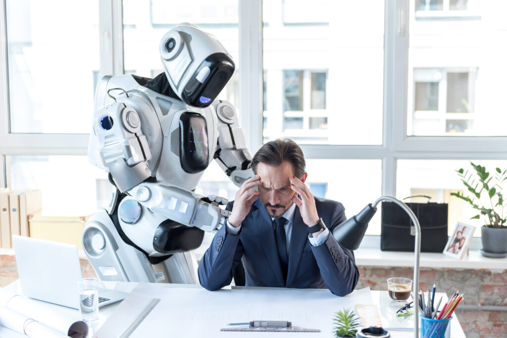 Compassionate corporate robot delivering a layoff with empathy, representing AI automation of job cuts.